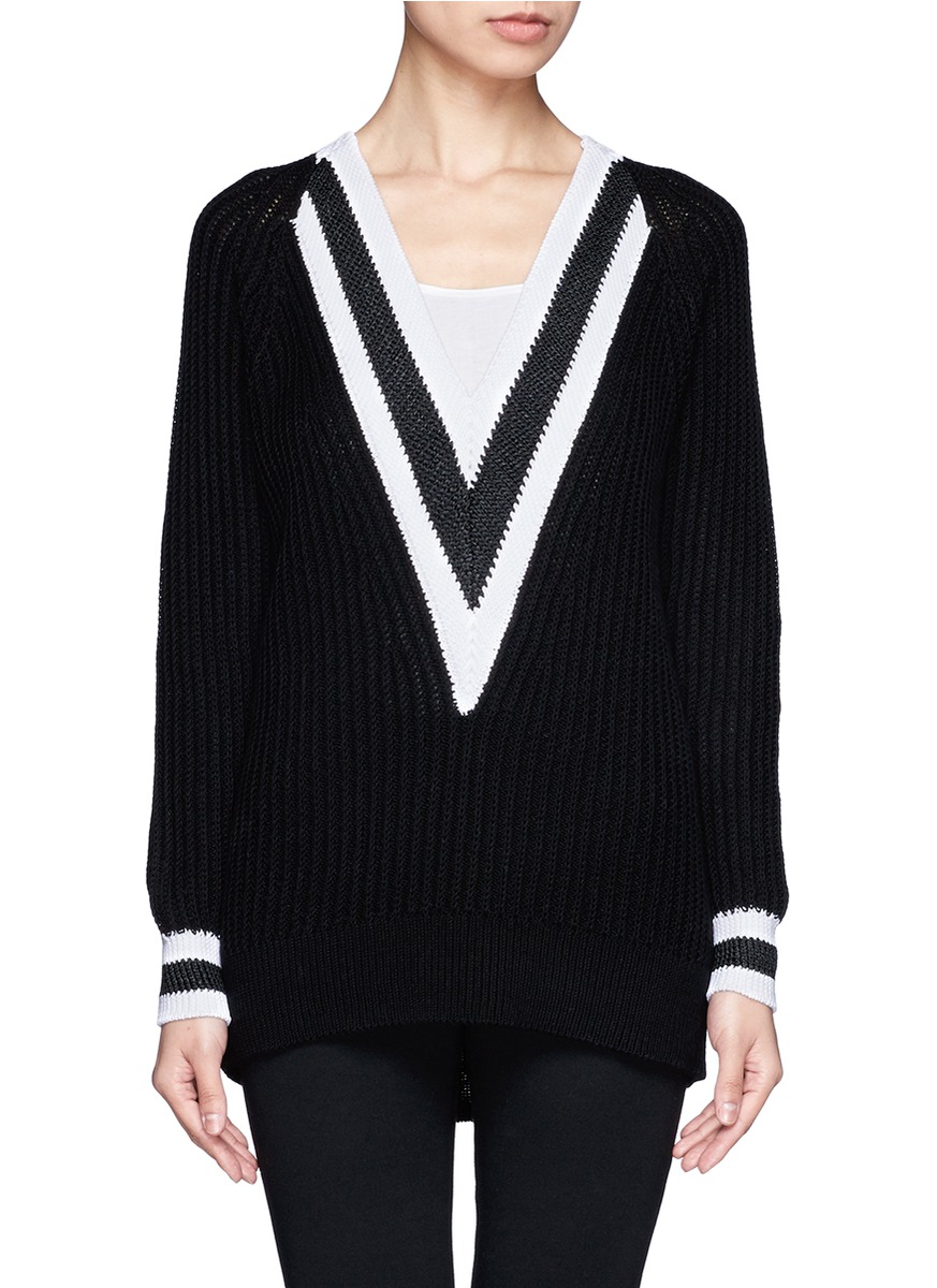 <em>条纹v领</em>纯棉<em>毛衣</em>