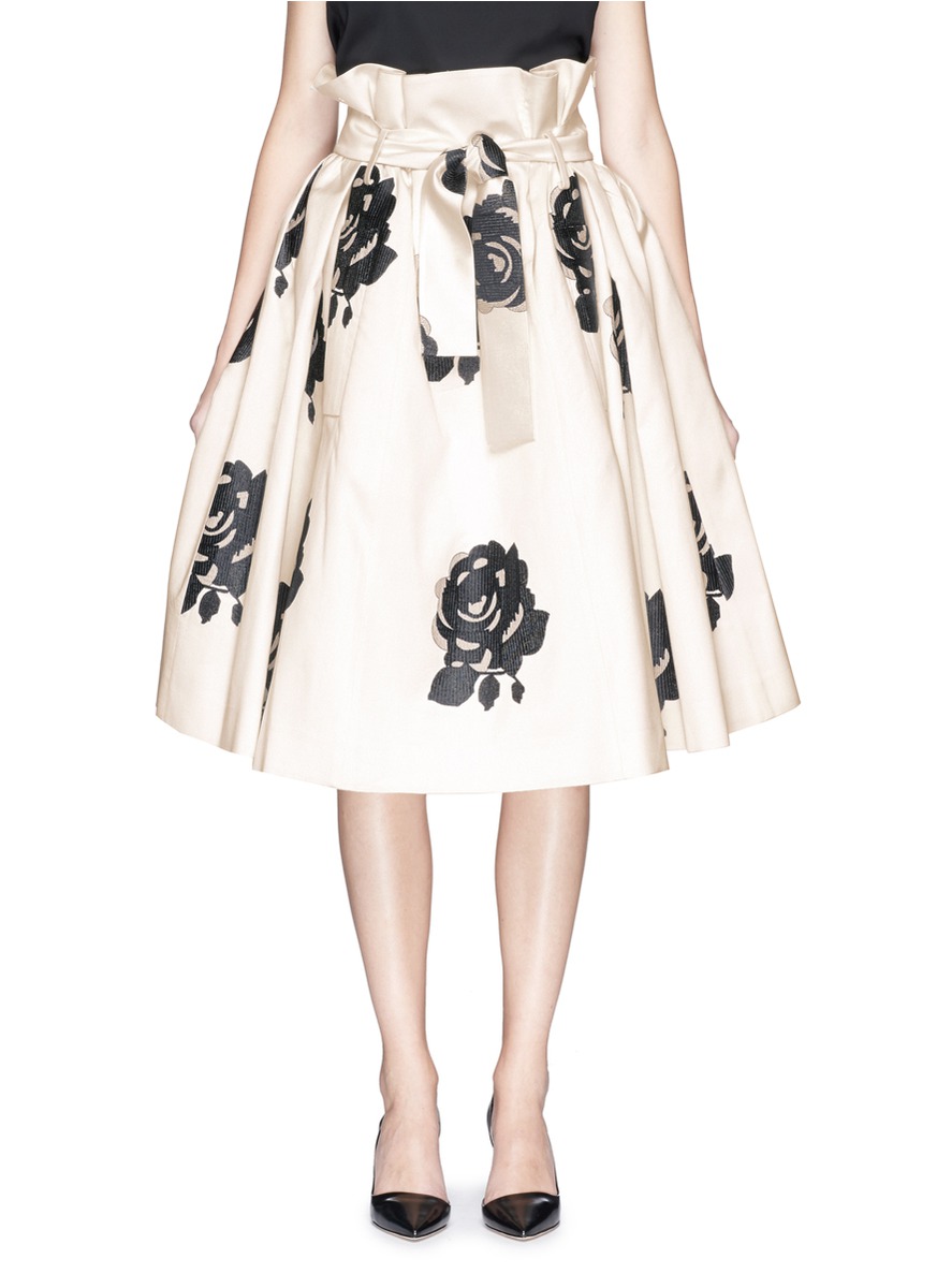 MS MIN - 玫瑰刺绣羊毛混丝伞裙 | 白色 中长裙