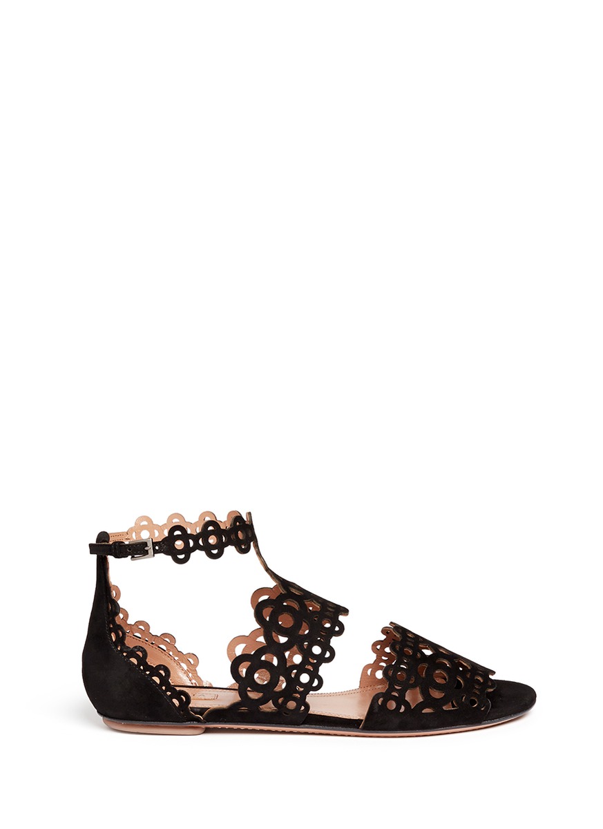 AZZEDINE ALAA - 镂空花卉麂皮平底凉鞋 | 黑