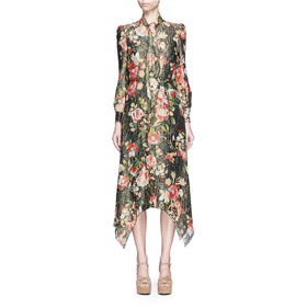 SAINT LAURENT SCARF NECK FLORAL JACQUARD DRESS