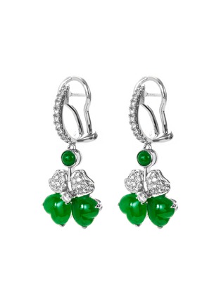 模特儿示范图 - 点击放大 - SAMUEL KUNG - Diamond jade 18k white gold clover shaped drop earrings