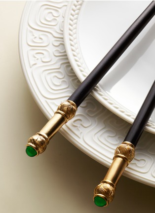  - L'OBJET - 镀24k金翡翠点缀黑檀木筷子两件套