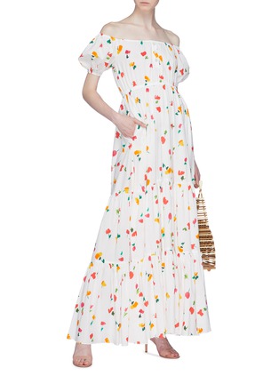 模特示范图 - 点击放大 - CAROLINE CONSTAS - Bardot花卉图案一字领泡泡袖连衣裙