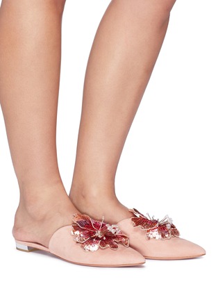 模特儿示范图 - 点击放大 - AQUAZZURA - Disco Flower亮片花卉绒面真皮平底穆勒鞋