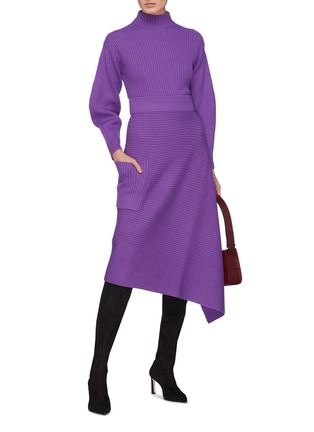 模特示范图 - 点击放大 - TIBI - 美丽诺羊毛不对称罗纹针织半身裙