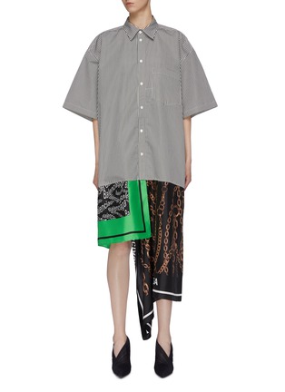 首图 - 点击放大 首图 - 点击放大 - BALENCIAGA - 不对称丝巾拼接oevrsize条纹衬衫裙