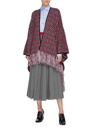 模特儿示范图 - 点击放大 - gucci - gg条纹嵌花流苏混羊毛斗篷