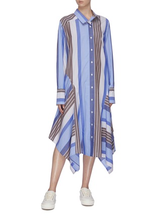 模特示范图 - 点击放大 - THE KEIJI - 垂坠裙摆条纹纯棉衬衫裙