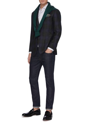 模特儿示范图 - 点击放大 - RING JACKET - 平驳领拼色格纹丝混亚麻及羊毛西服外套