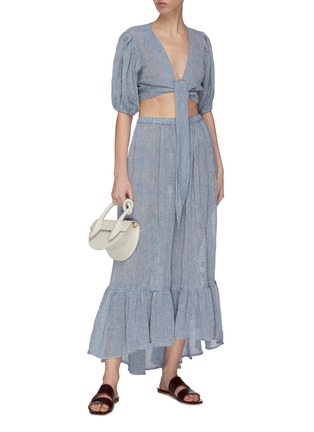 模特儿示范图 - 点击放大 - LISA MARIE FERNANDEZ - 系带泡泡袖V领混亚麻衬衫