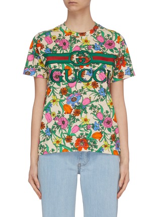 首图 - 点击放大 - GUCCI - 双G品牌名称拼色条纹花卉图案T恤