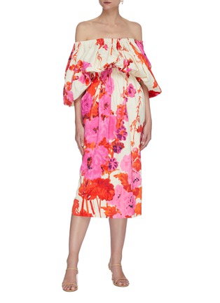 模特儿示范图 - 点击放大 - DRIES VAN NOTEN - 一字肩系带切割花卉图案混棉连衣裙