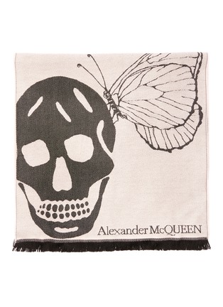 细节 - 点击放大 - ALEXANDER MCQUEEN - 须边OVERSIZE骷髅头蝴蝶图案羊毛围巾