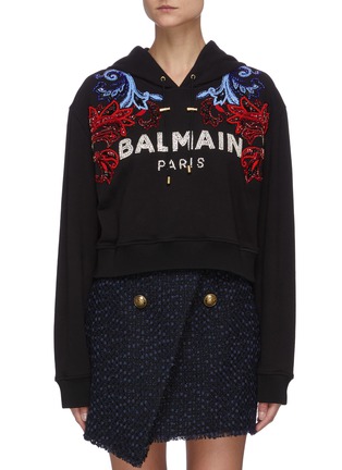 首图 - 点击放大 首图 - 点击放大 - BALMAIN - 仿水晶珠饰品牌名称花叶图案短款纯棉连帽卫衣