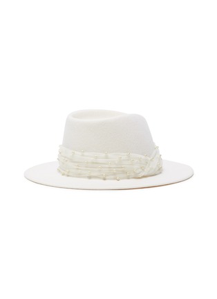 模特儿示范图 - 点击放大 - EUGENIA KIM - BLAINE网纱人造珍珠帽带羊毛毡宽檐帽