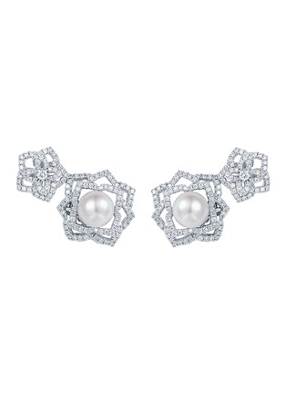 模特儿示范图 - 点击放大 - SARAH ZHUANG - 珍珠钻石18K白金莲花流苏吊坠耳环