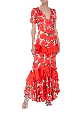 模特儿示范图 - 点击放大 - DE LA VALI - JULIETE V领褶裥层叠玫瑰图案连衣裙