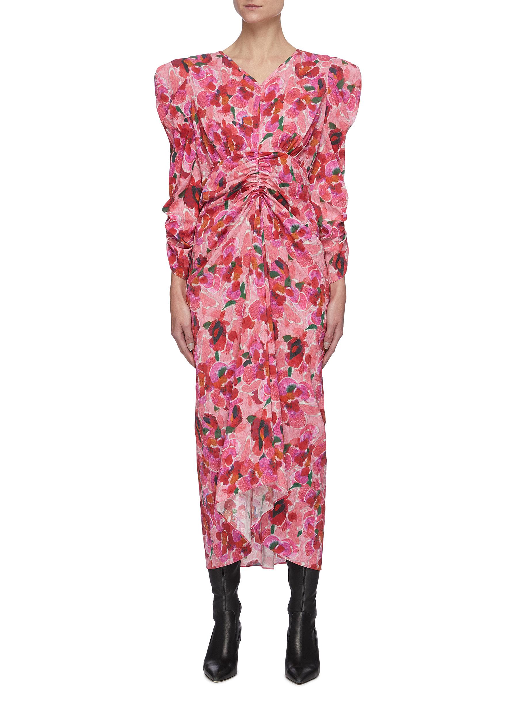 ISABEL MARANT ALBISD羊腿袖拼色花卉图案褶裥混丝连衣裙