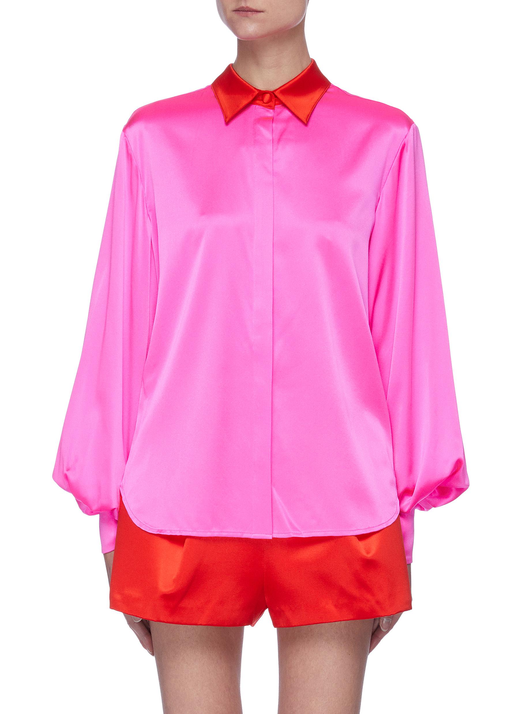Alex Perry 'sutton' Balloon Sleeve Contrast Collar Satin Shirt In Pink,red