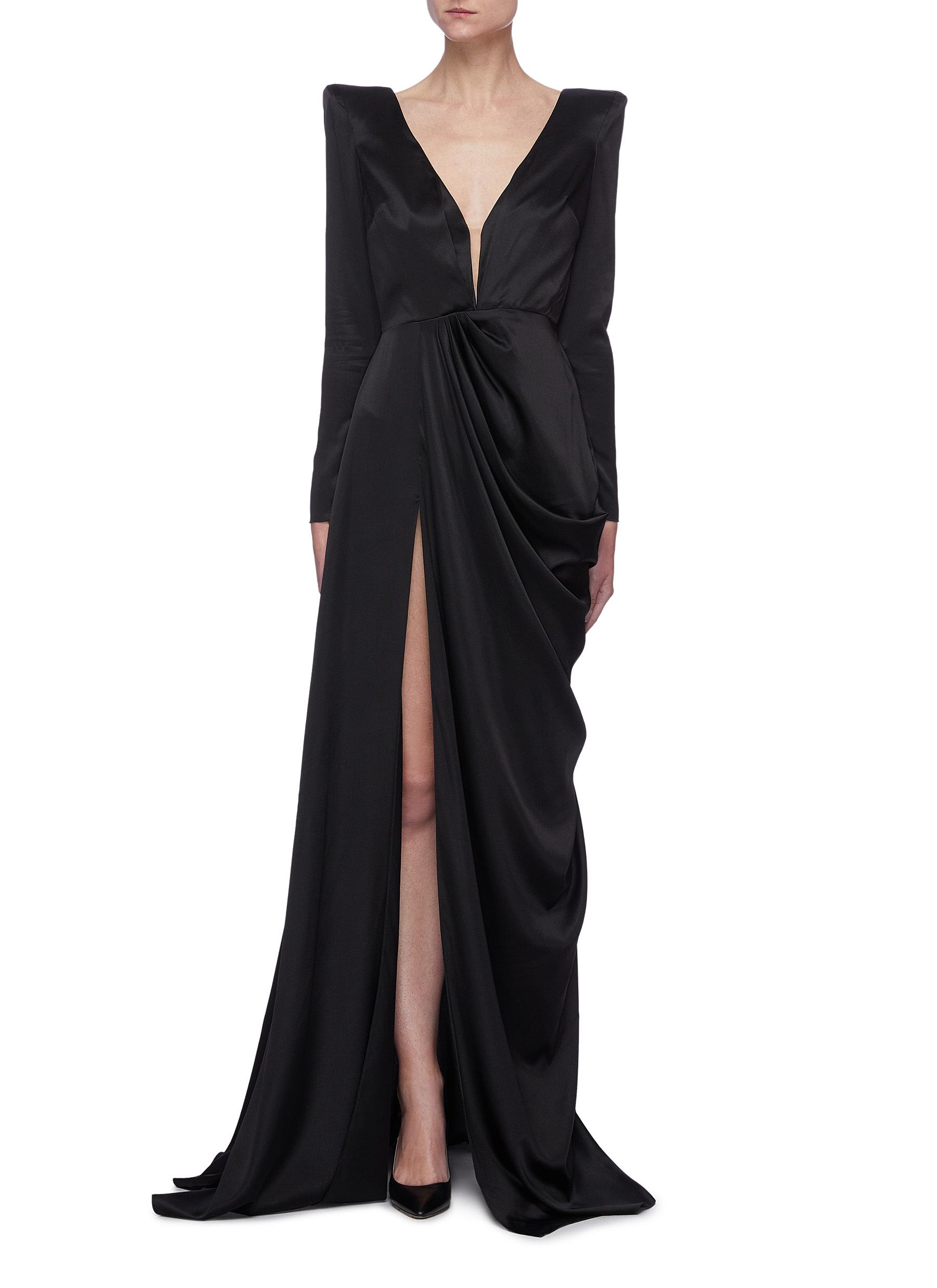 Alex Perry 'bentley' V-neck Drape Satin Gown In Black