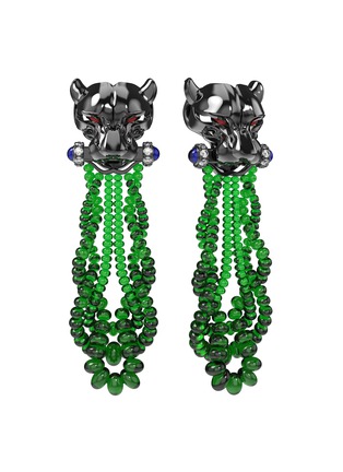 首图 - 点击放大 - MING SONG HAUTE JOAILLERIE - LE LION NOIR钻石蓝宝石红宝石点缀14K黑金狮子造型祖母绿珠串耳环