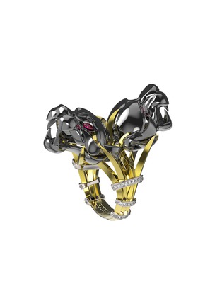 首图 - 点击放大 - MING SONG HAUTE JOAILLERIE - LE LION NOIR钻石红宝石点缀14K黄金白金黑金双头狮子造型戒指