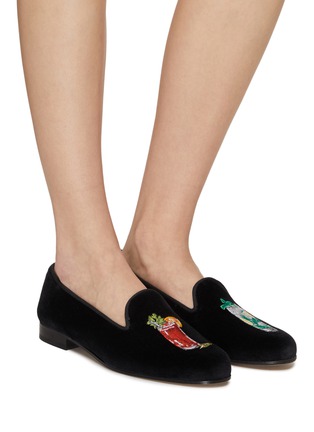 模特儿示范图 - 点击放大 - STUBBS & WOOTTON - ‘MARY MOJITO’ COCKTAIL EMBROIDERY FLAT VELVET LOAFERS
