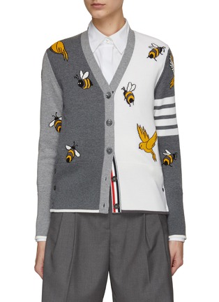 首图 - 点击放大 - THOM BROWNE - 蜜蜂小鸟图案四重条纹羊毛混棉针织开衫
