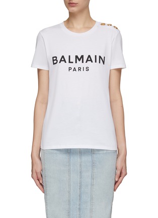 首图 - 点击放大 - BALMAIN - 单肩金属钮扣 LOGO 印花纯棉 T 恤