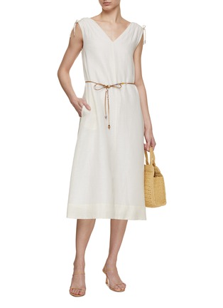 模特儿示范图 - 点击放大 - PESERICO - Gather Shoulder Linen Cotton Dress