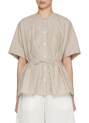 首图 - 点击放大 - YVES SALOMON - Band Collar Elbow Sleeve Belted Cotton Poplin Blouse