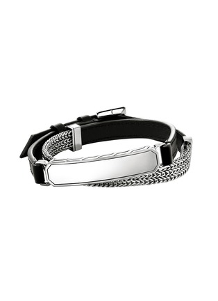 首图 - 点击放大 - JOHN HARDY - ID Sterling Silver Black Leather Flat Chain Double Wrap Bracelet — Size UL