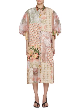 首图 - 点击放大 - BIYAN - Patchwork Puff Sleeve Silk Shirt Dress