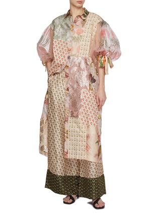 模特儿示范图 - 点击放大 - BIYAN - Patchwork Puff Sleeve Silk Shirt Dress