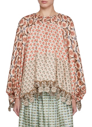 首图 - 点击放大 - BIYAN - Embellished Hem Mixed Print Silk Blouse