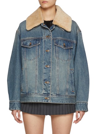 首图 - 点击放大 - MO&CO. - Faux Fur Collar Medium Wash Denim Jacket