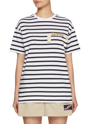 首图 - 点击放大 - JOSHUA SANDERS - Smiley Face Slogan Patch Striped Cotton T-Shirt
