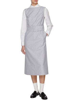 模特儿示范图 - 点击放大 - THOM BROWNE - Tonal University Stripe Boat Neck Linen Cotton Dress