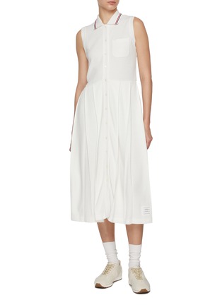 模特儿示范图 - 点击放大 - THOM BROWNE - Sleeveless Pleated Cotton Waffle Knit Polo Dress