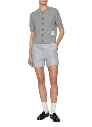 模特儿示范图 - 点击放大 - THOM BROWNE - Short Sleeve Cotton Waffle Knit Cardigan
