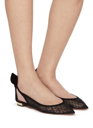 模特儿示范图 - 点击放大 - AQUAZZURA - Bow Tie Mesh Suede Ballet Flats