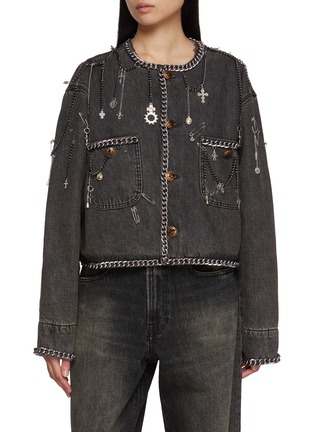 首图 - 点击放大 - R13 - Chain Embellished Cropped Dark Wash Denim Chore Jacket