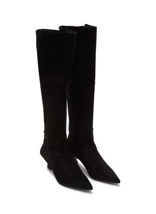 细节 - 点击放大 - STUART WEITZMAN - 5050 VINNIE 绒面皮拼接高筒中跟靴