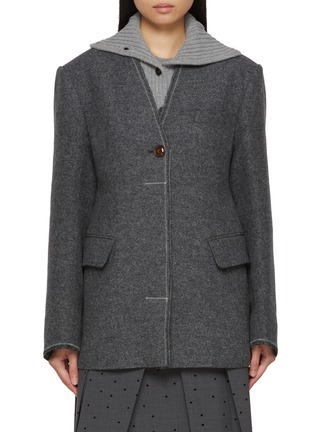 首图 - 点击放大 - FAFAMOON - Knit Stand Collar Wide Shoulder Waist Cinched Blazer