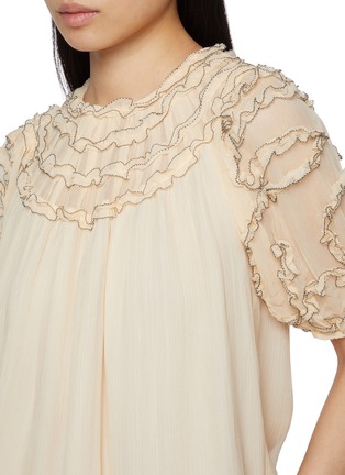  - ULLA JOHNSON - Isolda Short Sleeve Smocked Ruffle Silk Chiffon Blouse