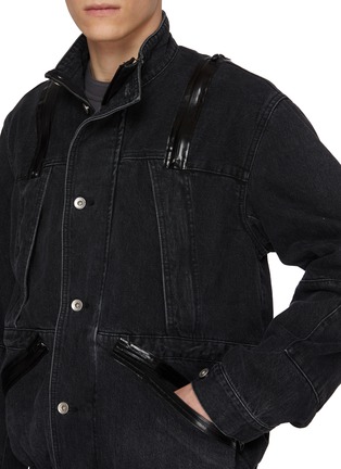 - SACAI - Oversized Dark Wash High Neck Leather Trim Denim Jacket