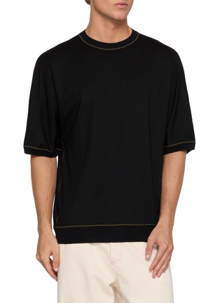 首图 - 点击放大 - GOOD PEOPLE GOOD STITCHING GOOD PRODUCT - Half Sleeve Contrast Stitch Crewneck Wool Blend Knit Top