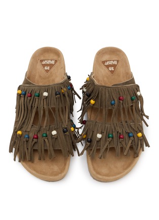 细节 - 点击放大 - BAZISZT - Flat Fringed Beaded Two-Strap Suede Sandals