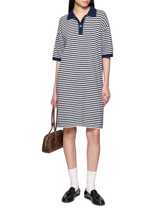 模特儿示范图 - 点击放大 - JEFF BRUSSELS - Striped Polo Collar Cotton Knit Dress