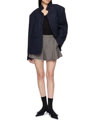 模特儿示范图 - 点击放大 - BONBOM - Flat Notched Lapel Frayed Trim Tweed Blazer
